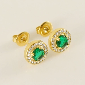 Elegant 18K gold-plated stainless steel double-layered earrings with green zircon centers