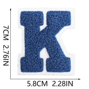 Detailed size view of blue chenille letter K patch with 7cm height dimensions
