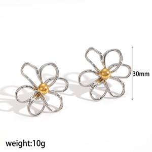 Close-up of 30mm hollow flower earrings with gold pistil and silver wireframe