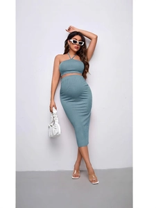 Gray blue ribbed knit maternity set with halter crop top and bodycon midi skirt for women
