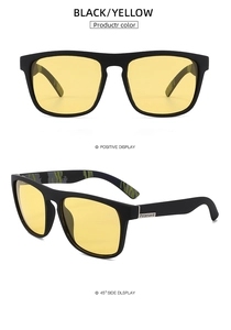 Macro view showing black frame with yellow polarized lenses and camo temple details