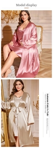 Detail of luxury satin lace-up robe and silk nightgown in champagne and pink colors