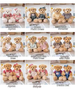 Detailed grid of teddy bears in nine cute outfits including sweaters and floral dresses