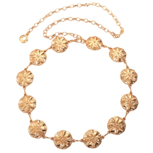 Bohemian gold metal chain belt with floral embossed medallions for vintage dresses