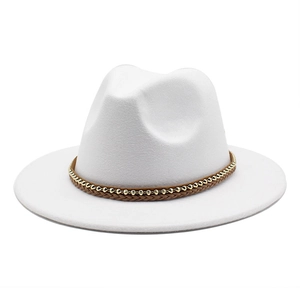 Classic white wool fedora hat with brown braided band and gold metallic bead trim