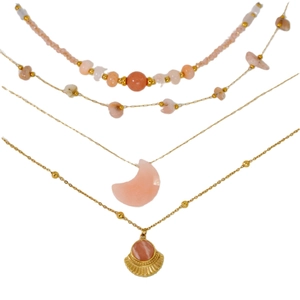 Layered 14K gold stainless steel necklace set with sunstone moon and fan pendants