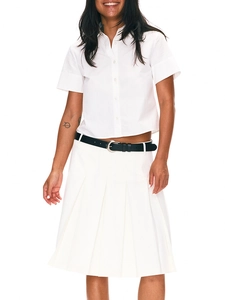 Detailed close-up of white pleated skirt with a black leather belt and silver buckle