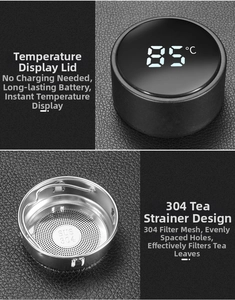 Detail of smart vacuum flask LED lid showing 85°C and 304 stainless steel tea infuser