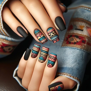 Detail of matte black and bohemian geometric pattern press-on nails on denim background