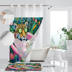 Waterproof shower curtain set with cartoon cheetah print and non-slip bath mat set