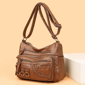 Brown woven PU leather crossbody bag with multi-zipper pockets and adjustable strap