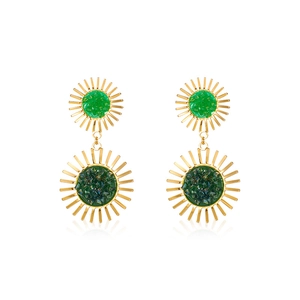 Detailed macro view of gold plated sunflower earrings with green resin and crystal inlay