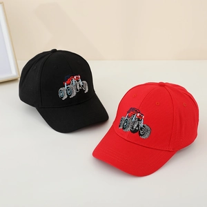 Close-up of high-quality embroidery on black and red kids off-road vehicle baseball caps