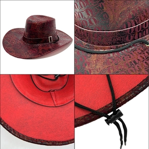 Red embossed faux leather western cowboy hat with adjustable chin strap and silver buckle