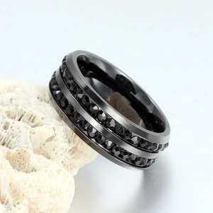 Modern black titanium steel ring featuring double rows of black rhinestones for couples