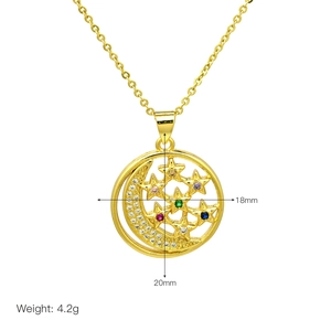 Detail showing 20mm gold moon pendant dimensions and 4.2g weight with colorful zircon stars