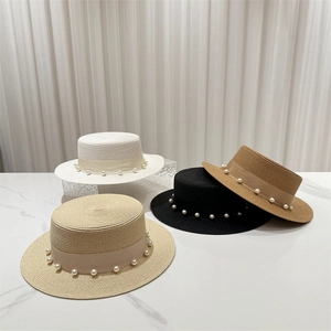 Chapeaux de paille vintage avec perles et ruban en blanc, noir, beige et marron