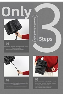 Three-step diagram showing the automatic open and close function of a black folding umbrella