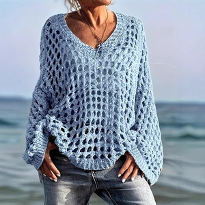 Pull en maille crochetée bleu clair décontracté pour la plage avec col en V élégant