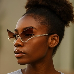 Fashion Cat Eye Sunglasses Metal Half Rim Luxury Rhinestone Gradient Lens UV Protection Trendy Eyewear For Women