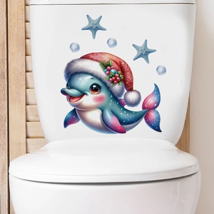 Detail of waterproof Christmas dolphin toilet sticker with starfish and bubble accents