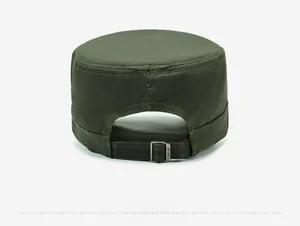 Rear view of camouflage cadet hat with adjustable metal buckle and durable stitching