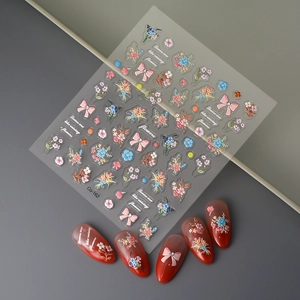 3D embossed floral nail stickers with pink bows and red rose accents, model Co-162