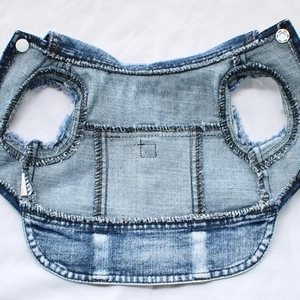 Light blue denim dog vest with leash ring and fringe detail on a white background