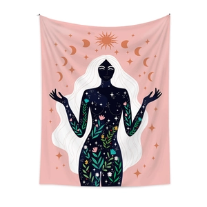 Detailed texture of bohemian tapestry with moon phases and floral woman illustration