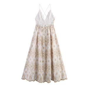 Bohemian Embroidered Maxi Dress Backless V-Neck Spaghetti Strap High Waist Scalloped Hem Vacation For Women