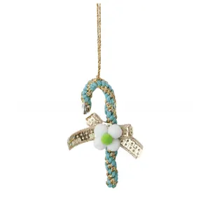 Blue and gold braided Christmas candy cane ornament with sequined bow and pompom flower