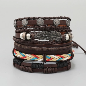 Five-piece vintage braided leather bracelet set with star and feather charms in brown and bronze