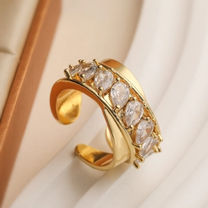Luxurious gold-plated geometric open ring featuring sparkling drop-shaped zircons