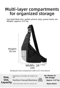 Detailed view of black nylon chest bag dimensions and internal multi-layer storage capacity