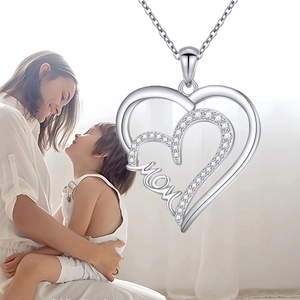 Silver MOM double heart necklace with clear gemstones, elegant gift for Mother's Day