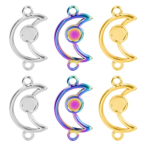 Stainless Steel Moon Connector Pendant Crescent Shape With Round Bezel Double Link For DIY Jewelry Making Accessory