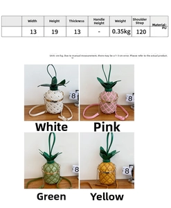 Size specifications and product details for the fun pineapple shaped crossbody chain bag