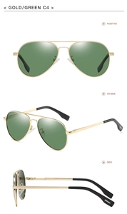 Three-way view of gold frame pilot sunglasses with green polarized lenses from multiple angles