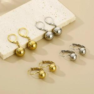 Minimalist gold and silver stainless steel leverback earrings with polished ball pendants
