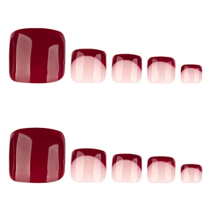 Glossy burgundy square press-on toe nails with classic French tip design on white background