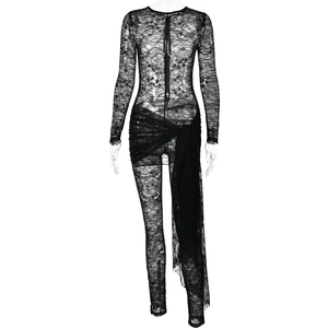 Detailed close-up of intricate black lace embroidery and sheer fabric on bodycon jumpsuit