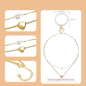 Double-layered gold necklace with white pearl and heart pendant 16.5 inch chain