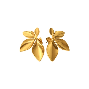 Textured 18k gold leaf-shaped stainless steel stud earrings for women on white base