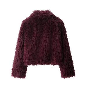 Detailed back view of a burgundy faux fur short jacket with soft plush texture