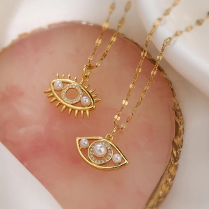 Collier Pendentif Œil Du Mal Cuivre Plaqué Or Véritable Künstliche Perle Zircon Creux Élégant Bijoux De Mode Pour Femmes