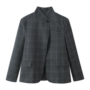 Blazer à carreaux gris foncé pour femmes avec col montant et bouton unique