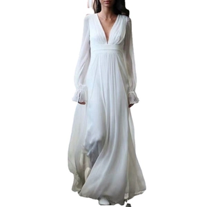 Elegant white chiffon long-sleeve maxi wedding dress with V-neckline and lantern sleeves