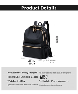 Detailed size specifications of black oxford cloth backpack with water resistant fabric