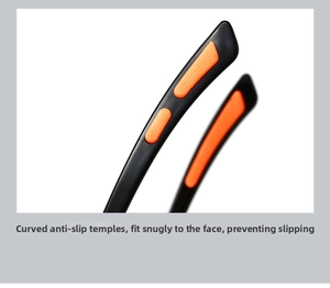 Detail of ergonomic curved temple tips with orange anti-slip pads for cycling eyewear