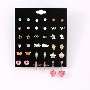 Set of 21 pairs of colorful kids earrings featuring unicorn donuts and rainbow designs